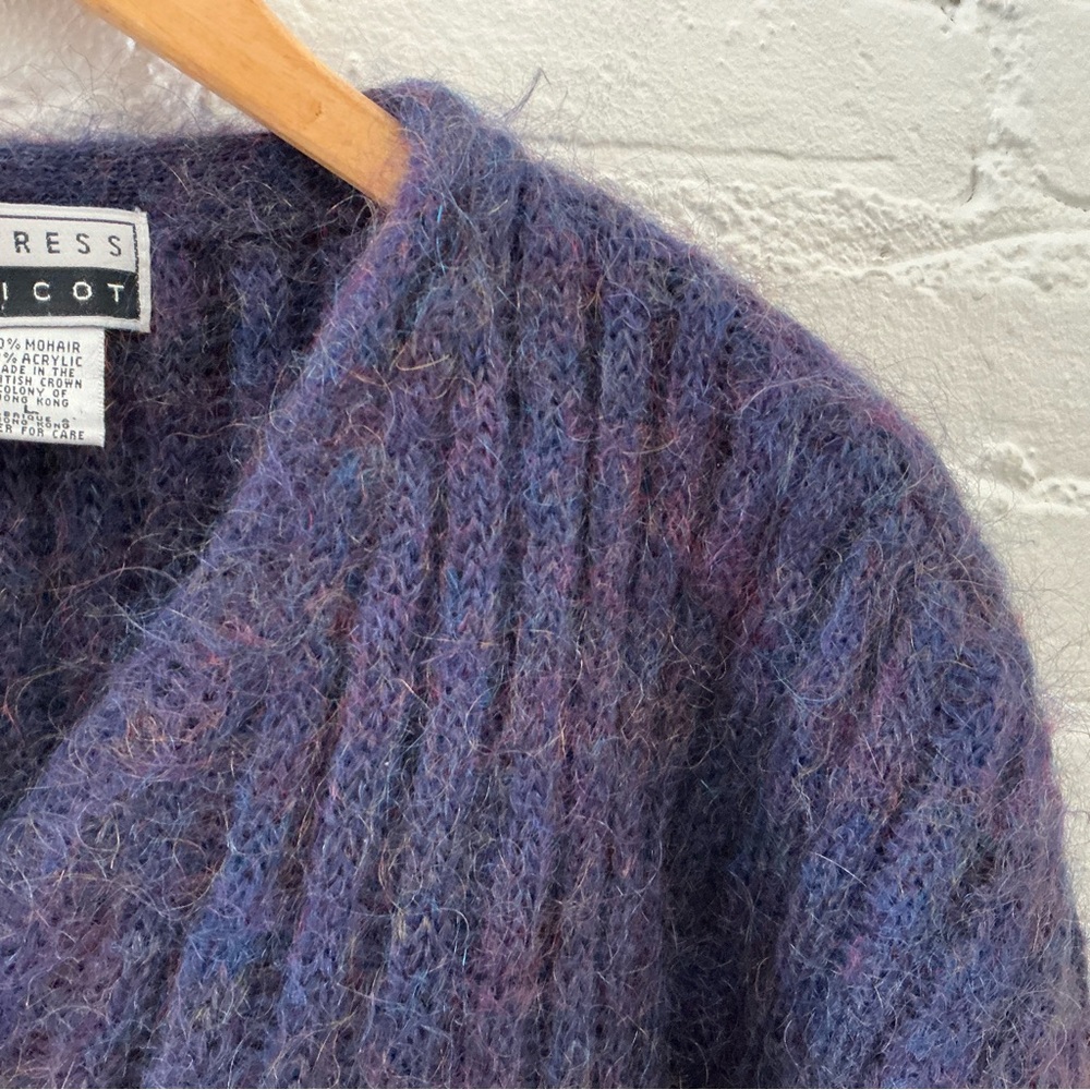 Vintage 90s Express Tricot Mohair Blend Boxy Chunky Cardigan Sweater Grandpa L - Picture 4 of 13